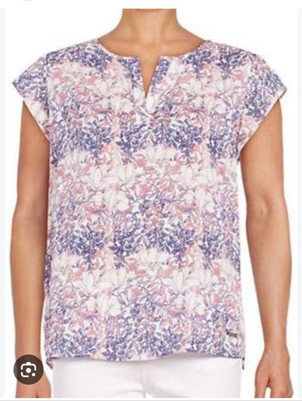 Ivanka Trump Floral V-Neck Cap Sleeve Top in Purple and Pink Small Silky